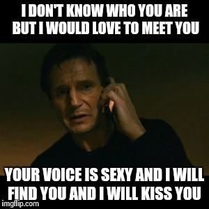 I will find you and kiss you | I DON'T KNOW WHO YOU ARE BUT I WOULD LOVE TO MEET YOU YOUR VOICE IS SEXY AND I WILL FIND YOU AND I WILL KISS YOU | image tagged in memes,liam neeson taken | made w/ Imgflip meme maker