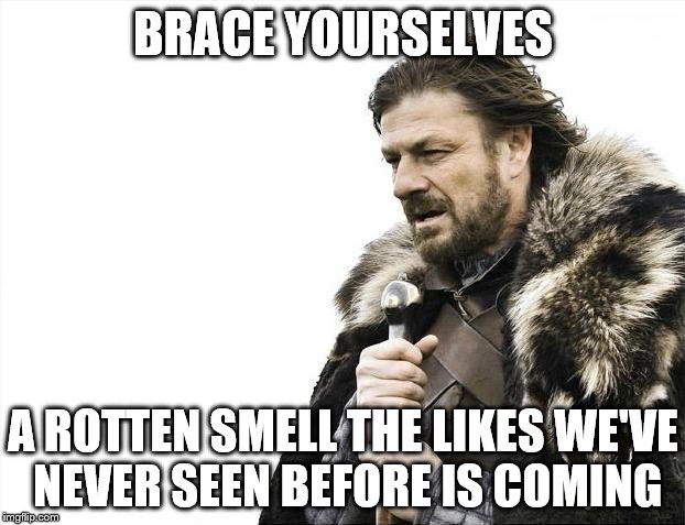 Brace Yourselves X is Coming Meme | BRACE YOURSELVES A ROTTEN SMELL THE LIKES WE'VE NEVER SEEN BEFORE IS COMING | image tagged in memes,brace yourselves x is coming | made w/ Imgflip meme maker