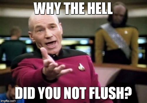 Picard Wtf Meme | WHY THE HELL DID YOU NOT FLUSH? | image tagged in memes,picard wtf | made w/ Imgflip meme maker