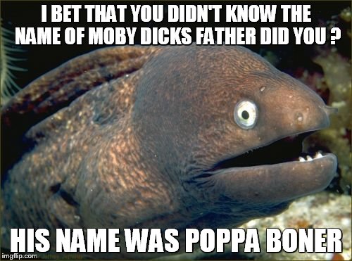 Bad Joke Eel Meme | I BET THAT YOU DIDN'T KNOW THE NAME OF MOBY DICKS FATHER DID YOU ? HIS NAME WAS POPPA BONER | image tagged in memes,bad joke eel | made w/ Imgflip meme maker