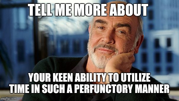 TELL ME MORE ABOUT YOUR KEEN ABILITY TO UTILIZE TIME IN SUCH A PERFUNCTORY MANNER | image tagged in sean | made w/ Imgflip meme maker