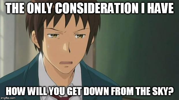 Kyon WTF | THE ONLY CONSIDERATION I HAVE HOW WILL YOU GET DOWN FROM THE SKY? | image tagged in kyon wtf | made w/ Imgflip meme maker