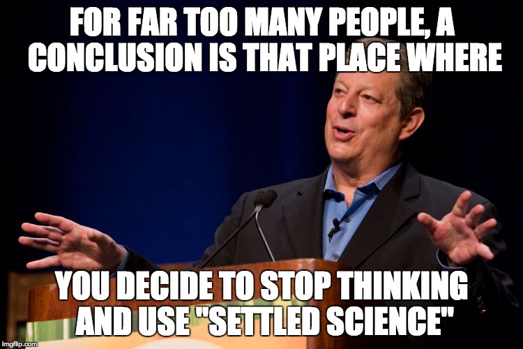 Al Gore | FOR FAR TOO MANY PEOPLE, A CONCLUSION IS THAT PLACE WHERE YOU DECIDE TO STOP THINKING AND USE "SETTLED SCIENCE" | image tagged in al gore | made w/ Imgflip meme maker