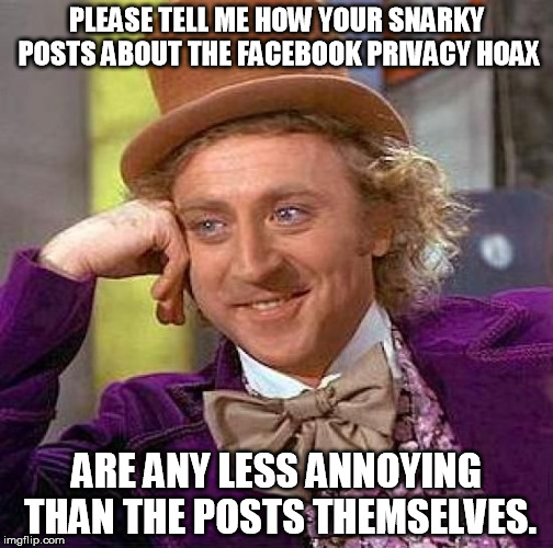 Creepy Condescending Wonka | PLEASE TELL ME HOW YOUR SNARKY POSTS ABOUT THE FACEBOOK PRIVACY HOAX ARE ANY LESS ANNOYING THAN THE POSTS THEMSELVES. | image tagged in memes,creepy condescending wonka | made w/ Imgflip meme maker