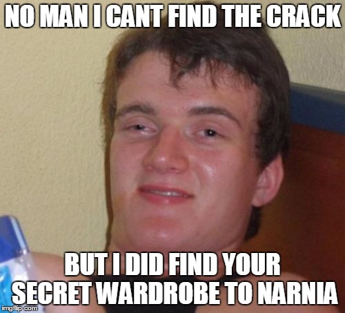 10 Guy Meme | NO MAN I CANT FIND THE CRACK BUT I DID FIND YOUR SECRET WARDROBE TO NARNIA | image tagged in memes,10 guy | made w/ Imgflip meme maker