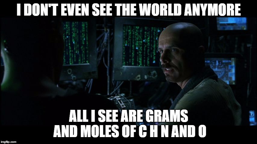 Chemistry feels. | I DON'T EVEN SEE THE WORLD ANYMORE ALL I SEE ARE GRAMS AND MOLES OF C H N AND O | image tagged in cyphermffy,finals week,chemistry | made w/ Imgflip meme maker