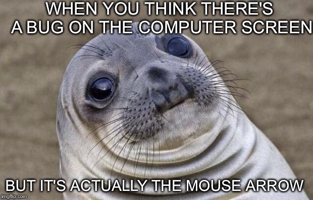 Awkward Moment Sealion Meme | WHEN YOU THINK THERE'S A BUG ON THE COMPUTER SCREEN BUT IT'S ACTUALLY THE MOUSE ARROW | image tagged in memes,awkward moment sealion | made w/ Imgflip meme maker