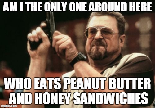 Am I The Only One Around Here | AM I THE ONLY ONE AROUND HERE WHO EATS PEANUT BUTTER AND HONEY SANDWICHES | image tagged in memes,am i the only one around here | made w/ Imgflip meme maker