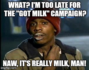 Y'all Got Any More Of That | WHAT? I'M TOO LATE FOR THE "GOT MILK" CAMPAIGN? NAW, IT'S REALLY MILK, MAN! | image tagged in memes,yall got any more of | made w/ Imgflip meme maker