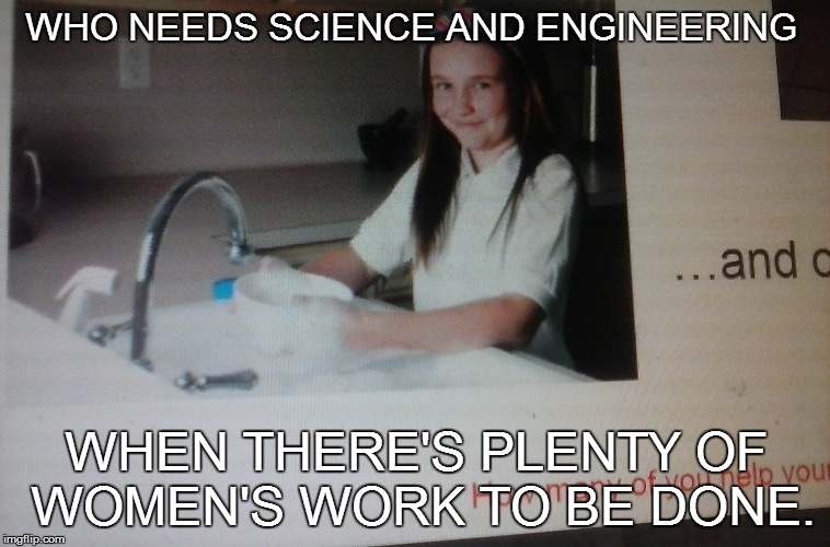 REINFORCING STEREOTYPES | WHO NEEDS SCIENCE AND ENGINEERING WHEN THERE'S PLENTY OF WOMEN'S WORK TO BE DONE. | image tagged in stereotype,discrimination | made w/ Imgflip meme maker