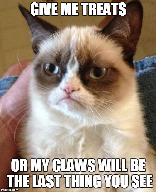 Grumpy Cat | GIVE ME TREATS OR MY CLAWS WILL BE THE LAST THING YOU SEE | image tagged in memes,grumpy cat | made w/ Imgflip meme maker