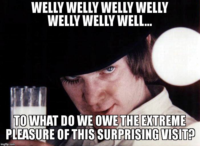clockwork orange | WELLY WELLY WELLY WELLY WELLY WELLY WELL... TO WHAT DO WE OWE THE EXTREME PLEASURE OF THIS SURPRISING VISIT? | image tagged in clockwork orange | made w/ Imgflip meme maker