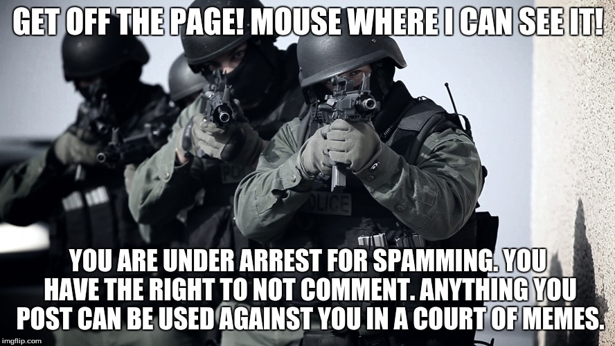 Deploy the S.P.A.C.s! (Spam Prevention And Containment) | GET OFF THE PAGE! MOUSE WHERE I CAN SEE IT! YOU ARE UNDER ARREST FOR SPAMMING. YOU HAVE THE RIGHT TO NOT COMMENT. ANYTHING YOU POST CAN BE U | image tagged in swat,spammers,arrested,memes,internet,imgflip | made w/ Imgflip meme maker