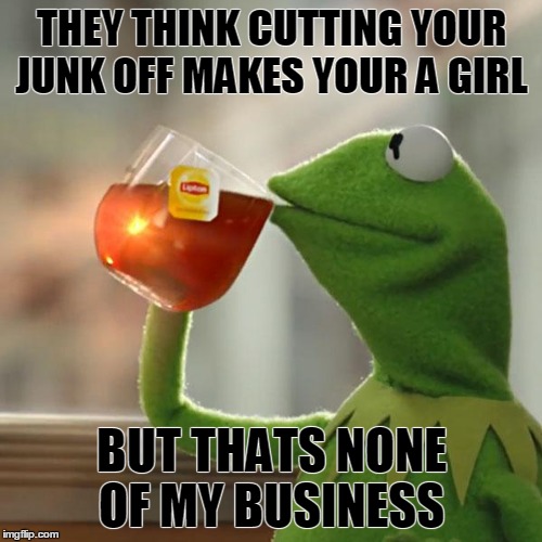 But That's None Of My Business Meme | THEY THINK CUTTING YOUR JUNK OFF MAKES YOUR A GIRL BUT THATS NONE OF MY BUSINESS | image tagged in memes,but thats none of my business,kermit the frog | made w/ Imgflip meme maker