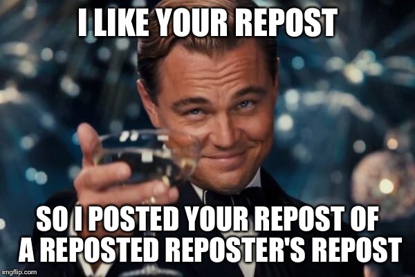 Leonardo Dicaprio Cheers Meme | I LIKE YOUR REPOST SO I POSTED YOUR REPOST OF A REPOSTED REPOSTER'S REPOST | image tagged in memes,leonardo dicaprio cheers | made w/ Imgflip meme maker