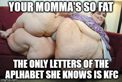 Mommas so fat | YOUR MOMMA'S SO FAT THE ONLY LETTERS OF THE APLHABET SHE KNOWS IS KFC | image tagged in fat,really fat girl,funny,funny memes,memes,chicken | made w/ Imgflip meme maker