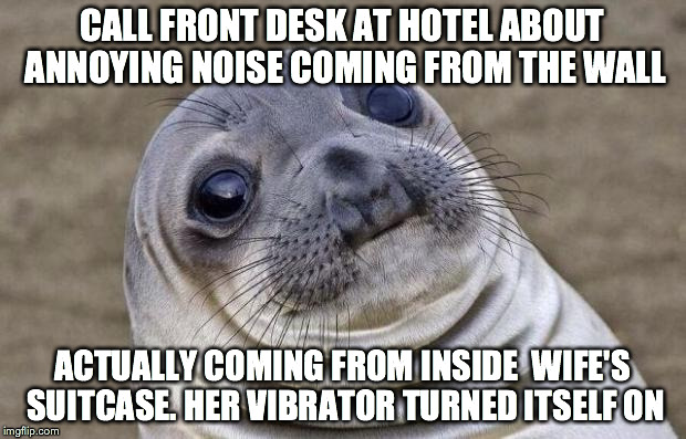 Awkward Moment Sealion Meme | CALL FRONT DESK AT HOTEL ABOUT ANNOYING NOISE COMING FROM THE WALL ACTUALLY COMING FROM INSIDE  WIFE'S SUITCASE. HER VIBRATOR TURNED ITSELF  | image tagged in memes,awkward moment sealion,funny | made w/ Imgflip meme maker