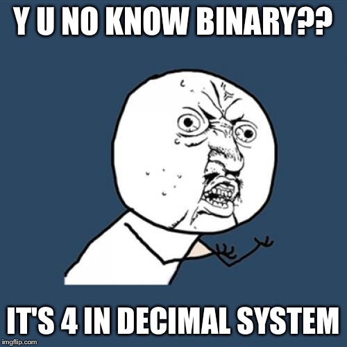 Y U No Meme | Y U NO KNOW BINARY?? IT'S 4 IN DECIMAL SYSTEM | image tagged in memes,y u no | made w/ Imgflip meme maker