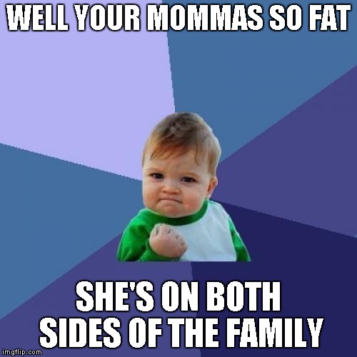 Success Kid Meme | WELL YOUR MOMMAS SO FAT SHE'S ON BOTH SIDES OF THE FAMILY | image tagged in memes,success kid | made w/ Imgflip meme maker