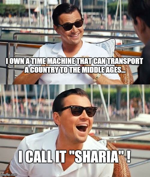 Leonardo Dicaprio Wolf Of Wall Street | I OWN A TIME MACHINE THAT CAN TRANSPORT A COUNTRY TO THE MIDDLE AGES... I CALL IT "SHARIA" ! | image tagged in memes,leonardo dicaprio wolf of wall street | made w/ Imgflip meme maker