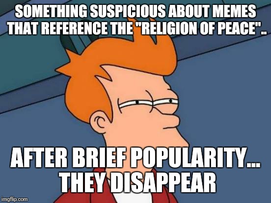 Futurama Fry Meme | SOMETHING SUSPICIOUS ABOUT MEMES THAT REFERENCE THE "RELIGION OF PEACE".. AFTER BRIEF POPULARITY... THEY DISAPPEAR | image tagged in memes,futurama fry | made w/ Imgflip meme maker