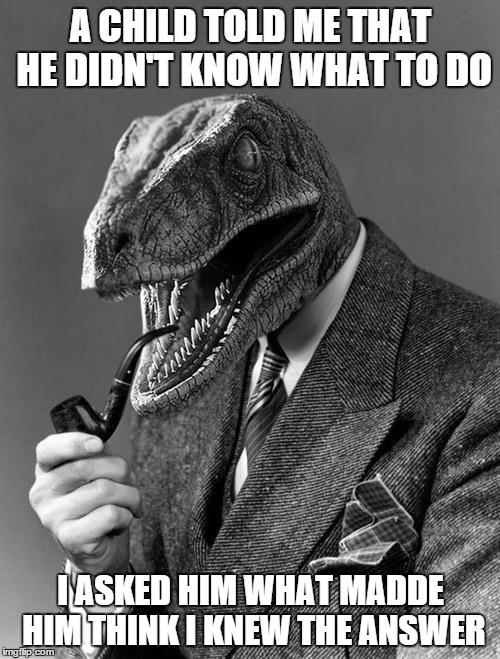 Philosoraptor | A CHILD TOLD ME THAT HE DIDN'T KNOW WHAT TO DO I ASKED HIM WHAT MADDE HIM THINK I KNEW THE ANSWER | image tagged in philosoraptor | made w/ Imgflip meme maker