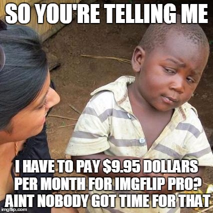 I'm really lazy. Also I wonder if this is original at all. | SO YOU'RE TELLING ME I HAVE TO PAY $9.95 DOLLARS PER MONTH FOR IMGFLIP PRO? AINT NOBODY GOT TIME FOR THAT | image tagged in memes,third world skeptical kid | made w/ Imgflip meme maker