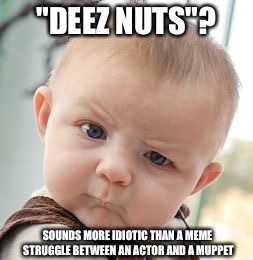 Skeptical Baby Meme | "DEEZ NUTS"? SOUNDS MORE IDIOTIC THAN A MEME STRUGGLE BETWEEN AN ACTOR AND A MUPPET | image tagged in memes,skeptical baby | made w/ Imgflip meme maker