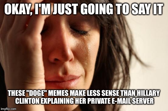 First World Problems Meme | OKAY, I'M JUST GOING TO SAY IT THESE "DOGE" MEMES MAKE LESS SENSE THAN HILLARY CLINTON EXPLAINING HER PRIVATE E-MAIL SERVER | image tagged in memes,first world problems | made w/ Imgflip meme maker