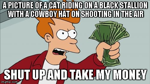 Shut Up And Take My Money Fry Meme | A PICTURE OF A CAT RIDING ON A BLACK STALLION WITH A COWBOY HAT ON SHOOTING IN THE AIR SHUT UP AND TAKE MY MONEY | image tagged in memes,shut up and take my money fry | made w/ Imgflip meme maker