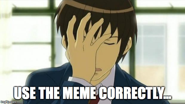 Kyon Facepalm Ver 2 | USE THE MEME CORRECTLY... | image tagged in kyon facepalm ver 2 | made w/ Imgflip meme maker