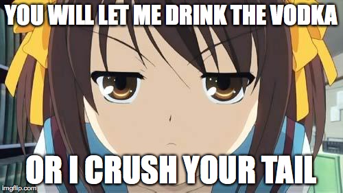 Haruhi stare | YOU WILL LET ME DRINK THE VODKA OR I CRUSH YOUR TAIL | image tagged in haruhi stare | made w/ Imgflip meme maker