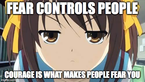 Haruhi stare | FEAR CONTROLS PEOPLE COURAGE IS WHAT MAKES PEOPLE FEAR YOU | image tagged in haruhi stare | made w/ Imgflip meme maker