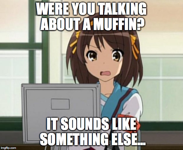 Haruhi Internet disturbed | WERE YOU TALKING ABOUT A MUFFIN? IT SOUNDS LIKE SOMETHING ELSE... | image tagged in haruhi internet disturbed | made w/ Imgflip meme maker
