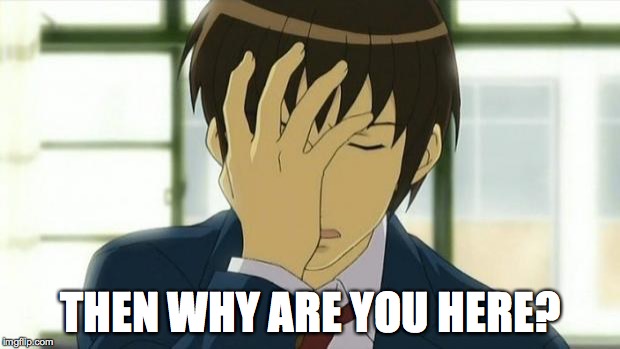 Kyon Facepalm Ver 2 | THEN WHY ARE YOU HERE? | image tagged in kyon facepalm ver 2 | made w/ Imgflip meme maker