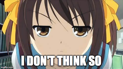 Haruhi stare | I DON'T THINK SO | image tagged in haruhi stare | made w/ Imgflip meme maker