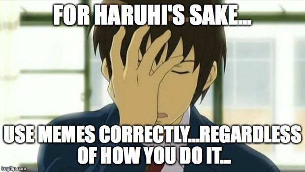 Kyon Facepalm Ver 2 | FOR HARUHI'S SAKE... USE MEMES CORRECTLY...REGARDLESS OF HOW YOU DO IT... | image tagged in kyon facepalm ver 2 | made w/ Imgflip meme maker