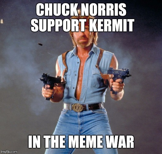 Chuck Norris Guns | CHUCK NORRIS SUPPORT KERMIT IN THE MEME WAR | image tagged in chuck norris | made w/ Imgflip meme maker