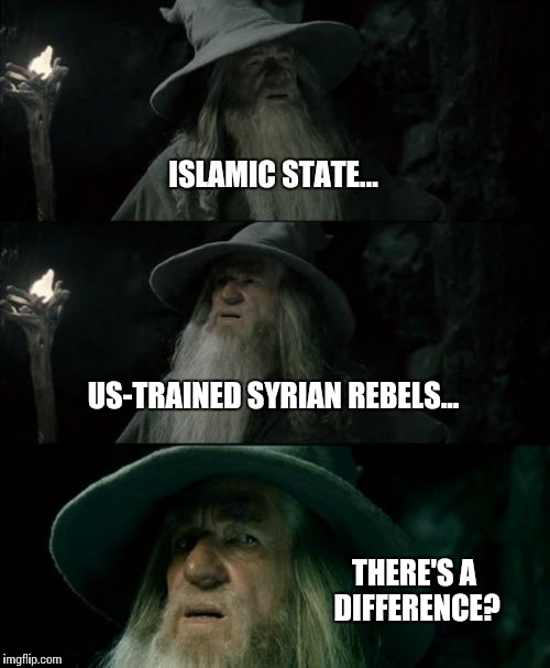 Confused Gandalf Meme | ISLAMIC STATE... US-TRAINED SYRIAN REBELS... THERE'S A DIFFERENCE? | image tagged in memes,confused gandalf | made w/ Imgflip meme maker