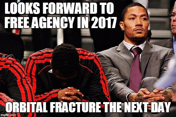 Derrick Rose | LOOKS FORWARD TO FREE AGENCY IN 2017 ORBITAL FRACTURE THE NEXT DAY | image tagged in derrick rose,nba,basketball | made w/ Imgflip meme maker