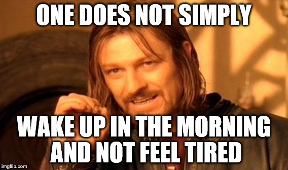 One Does Not Simply | ONE DOES NOT SIMPLY WAKE UP IN THE MORNING AND NOT FEEL TIRED | image tagged in memes,one does not simply | made w/ Imgflip meme maker