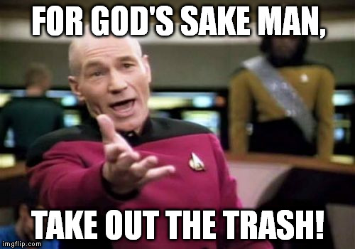 Picard Wtf Meme | FOR GOD'S SAKE MAN, TAKE OUT THE TRASH! | image tagged in memes,picard wtf | made w/ Imgflip meme maker