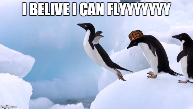 flying penguin | I BELIVE I CAN FLYYYYYYY | image tagged in flying penguin,scumbag | made w/ Imgflip meme maker