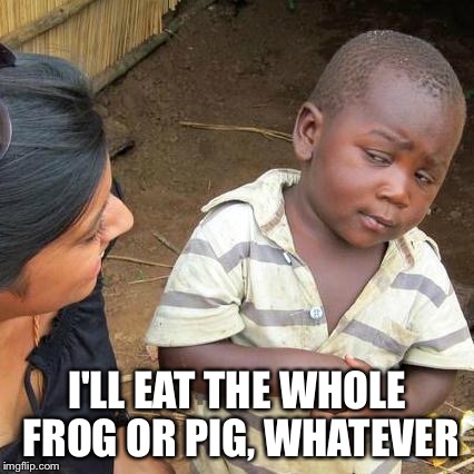 Third World Skeptical Kid Meme | I'LL EAT THE WHOLE FROG OR PIG, WHATEVER | image tagged in memes,third world skeptical kid | made w/ Imgflip meme maker