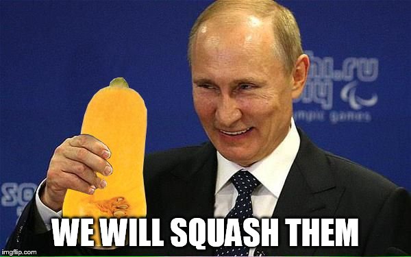 Putin better-not squash them | WE WILL SQUASH THEM | image tagged in putin squash,memes,vladimir putin,putin | made w/ Imgflip meme maker