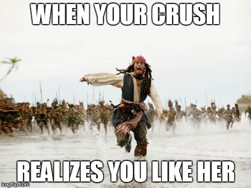 Jack Sparrow Being Chased Meme | WHEN YOUR CRUSH REALIZES YOU LIKE HER | image tagged in memes,jack sparrow being chased | made w/ Imgflip meme maker