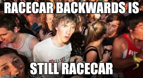 Sudden Clarity Clarence Meme | RACECAR BACKWARDS IS STILL RACECAR | image tagged in memes,sudden clarity clarence | made w/ Imgflip meme maker