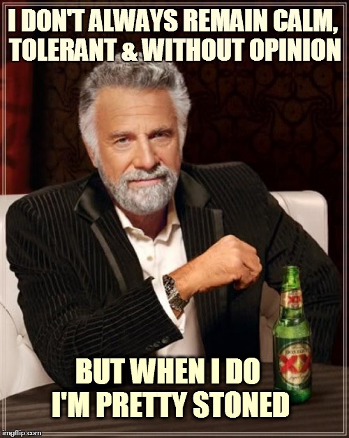 The Most Interesting Man In The World Meme | I DON'T ALWAYS REMAIN CALM, TOLERANT & WITHOUT OPINION BUT WHEN I DO I'M PRETTY STONED | image tagged in memes,the most interesting man in the world | made w/ Imgflip meme maker