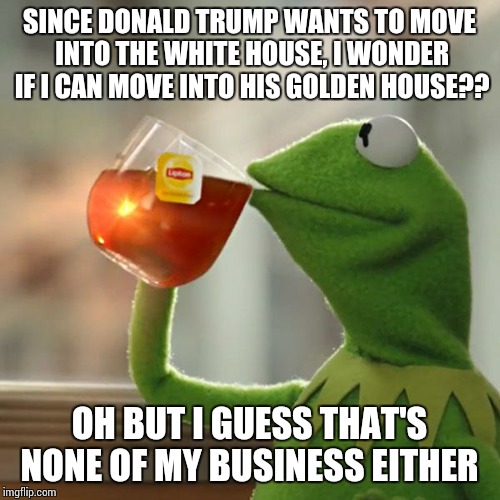 But That's None Of My Business | SINCE DONALD TRUMP WANTS TO MOVE INTO THE WHITE HOUSE, I WONDER IF I CAN MOVE INTO HIS GOLDEN HOUSE?? OH BUT I GUESS THAT'S NONE OF MY BUSIN | image tagged in memes,but thats none of my business,kermit the frog | made w/ Imgflip meme maker