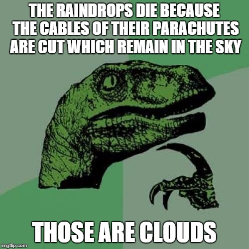 Philosoraptor Meme | THE RAINDROPS DIE BECAUSE THE CABLES OF THEIR PARACHUTES ARE CUT WHICH REMAIN IN THE SKY THOSE ARE CLOUDS | image tagged in memes,philosoraptor | made w/ Imgflip meme maker